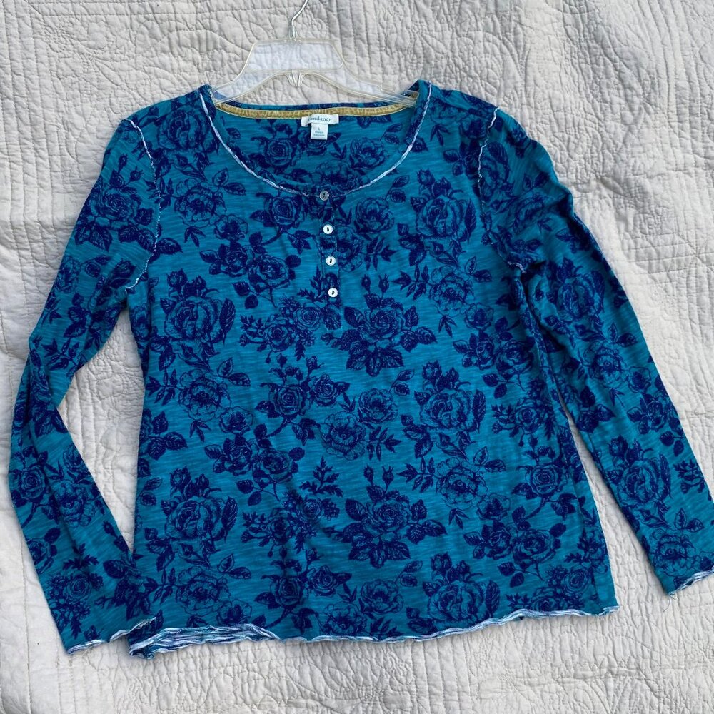 Sundance Long Sleeve 100% Blue Turquoise Cotton Boho Floral Wild Roses Tee Shirt